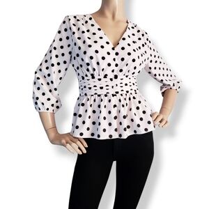 L.N.V. Polka Dot Button Front V-Neck Pemplum Style Blouse Size Small